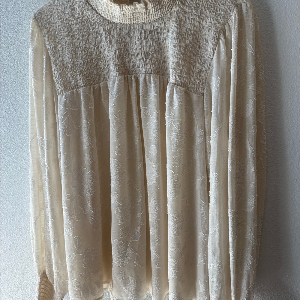 Sheer cream floral high neck blouse with pretty details, W’s L